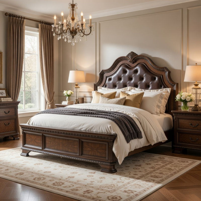 Grand lit-bateau Brix, capitonnage en similicuir classique, brun foncé