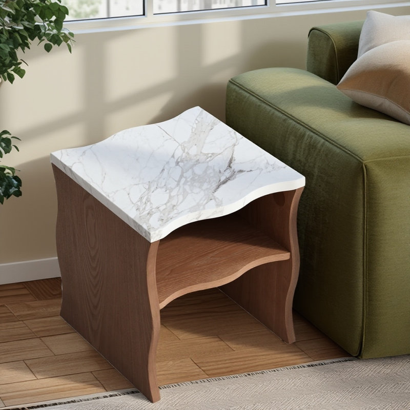Table d'appoint Mid-Century moderne avec plateau en faux marbre, table de bout à 2 niveaux, 1, Bois de noyer