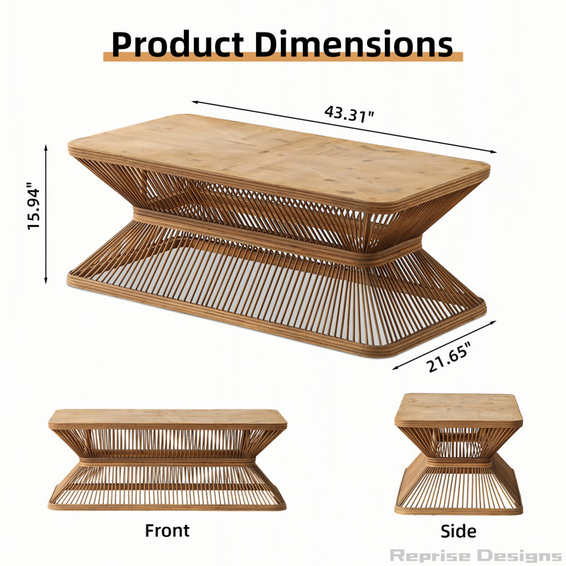 Table d'appoint 43,3 po rectangulaire en bois avec base en bambou tissé
