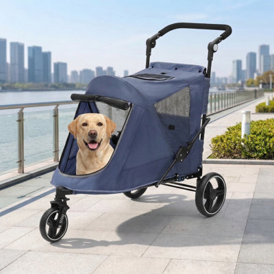 Three-Wheel Pet Stroller constructed with fabric; dog cart suitable for large dogs up to 55 pounds; includes mesh windows, zippered back pocket, safety tether, and angle-adjustable handlebar; navy blue.