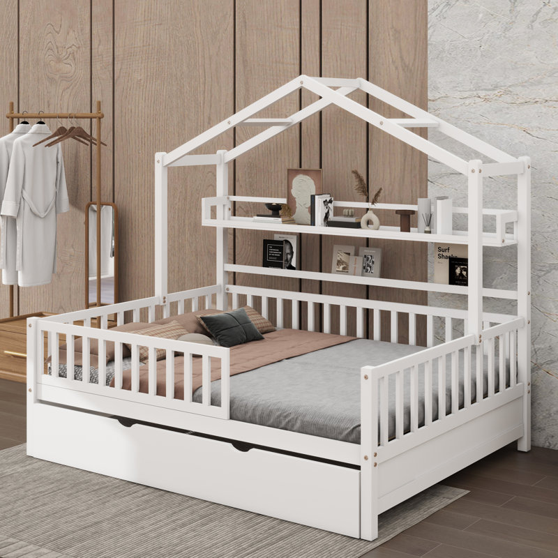Lit maison avec lit gigogne et tablette, Blanc, Double