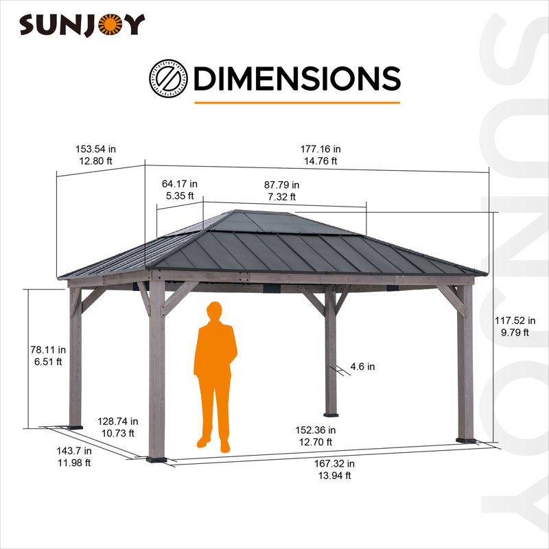 Sunjoy Hardtop Gazebo 13 x 15 ft. Standard Cedar Framed Wood Gazebo, Outdoor Patio Gazebo, Black, Black