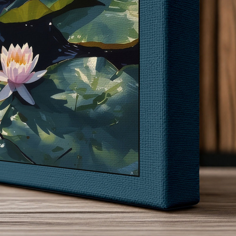 Water Lilies in Bloom Botanical - Wrapped Canvas, 36x24 - 91.4 x 61.0 cm, Teal Border