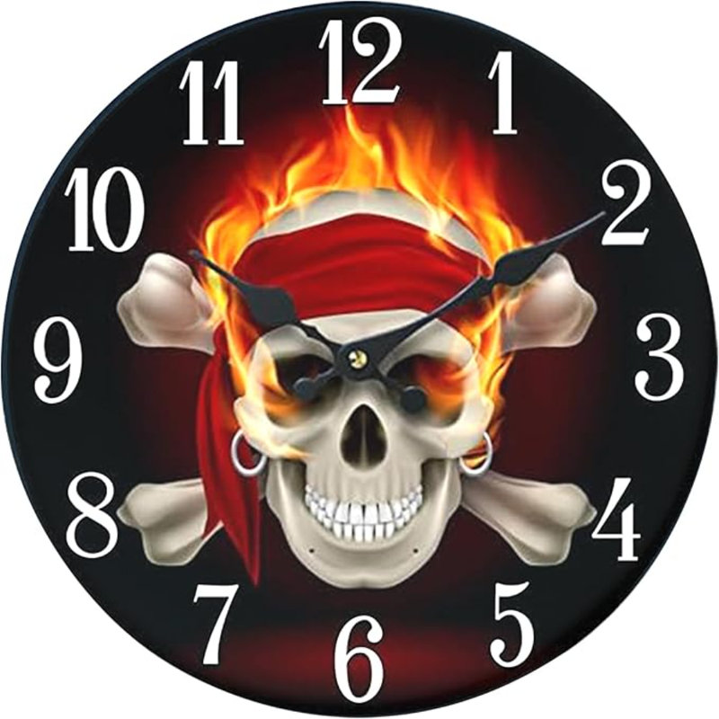 Horloge murale en forme de crâne de pirate flamboyant 13 po x 13 po