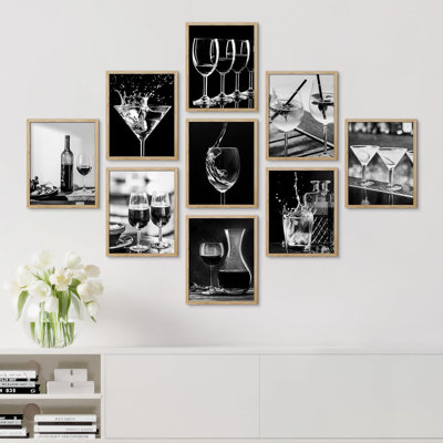 «Black White Wine Martini Cocktail Food Drinks», photographie d'art moderne encadrée sur papier, 9 pièces