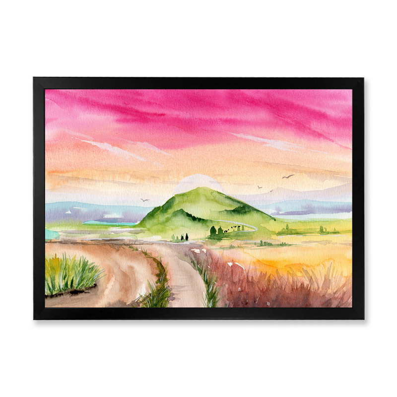 Paysage avec champ d'herbe et ciel rose - reproduction sur toile, H 24 po x l 32 po, Toile avec cadre de coin noir fermé