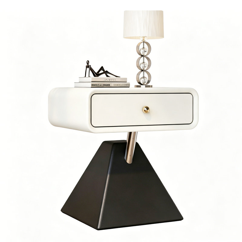 Table de chevet ovale minimaliste en bois massif blanc crème (19,69 po H x 17,72 po L), meuble d'appoint conique bicolore noir et blanc avec un seul tiroir