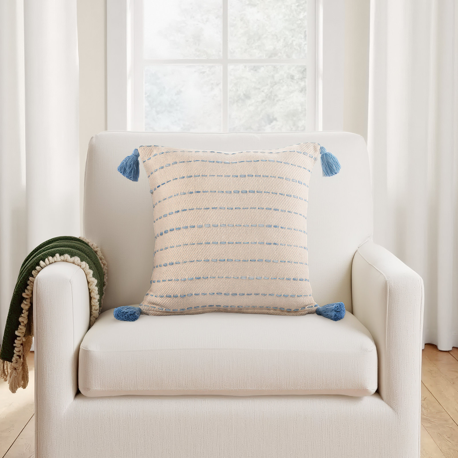 Hainsly Striped Cotton Throw Pillow, Blue/Natural, Pillow Cover Only - No Insert