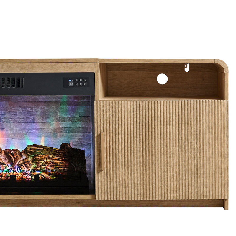 Meuble télé 70 po pour téléviseur de 75 po ou moins avec portes cannelées et grand rangement et rebords arrondis, Naturel