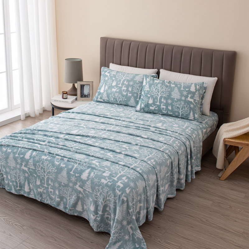 King Enchanted Woods Blue Velvet Plush Fleece Sheet Set