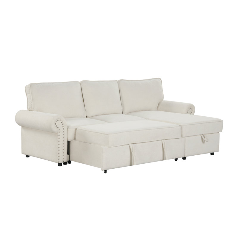 Canapé-lit modulaire convertible de 95 po avec méridienne U_STYLE, Tissu - Beige, Orienté à droite