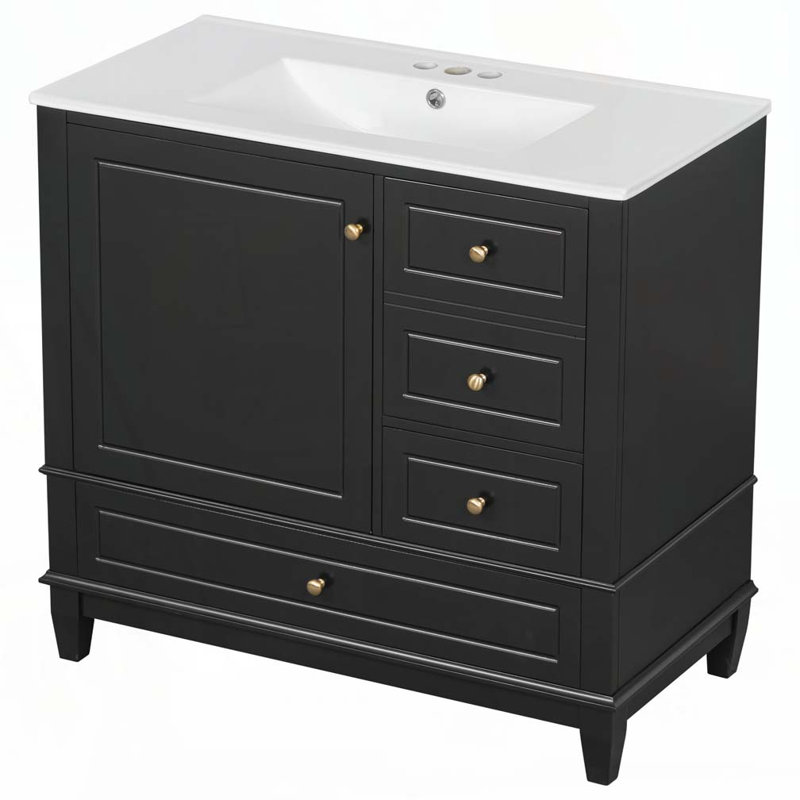 Meuble-lavabo 36 po avec lavabo en céramique, Noir et or