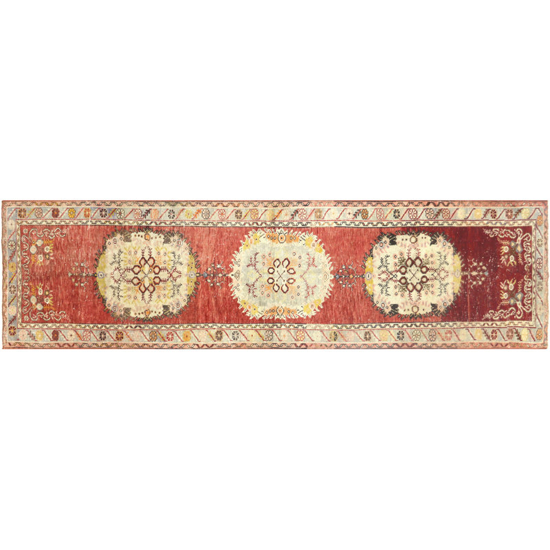 Tapis de couloir unique en laine noué à la main de style années 1960 de 3 pi 2 po x 11 pi 6 po en rouge / beige