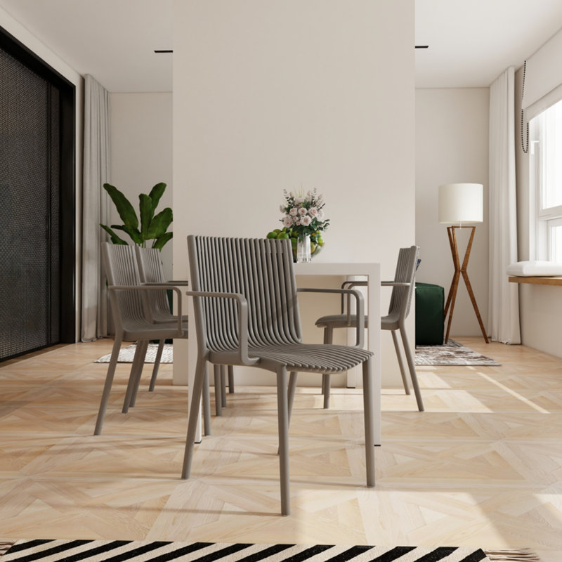 Ensemble de 4 fauteuils empilables en PP gris chaud et table moderne blanche de 140 cm - Résistant aux intempéries, plateau léger, structure polyvalente (4 emplacements), patins antidérapants, idéal pour différents usages.