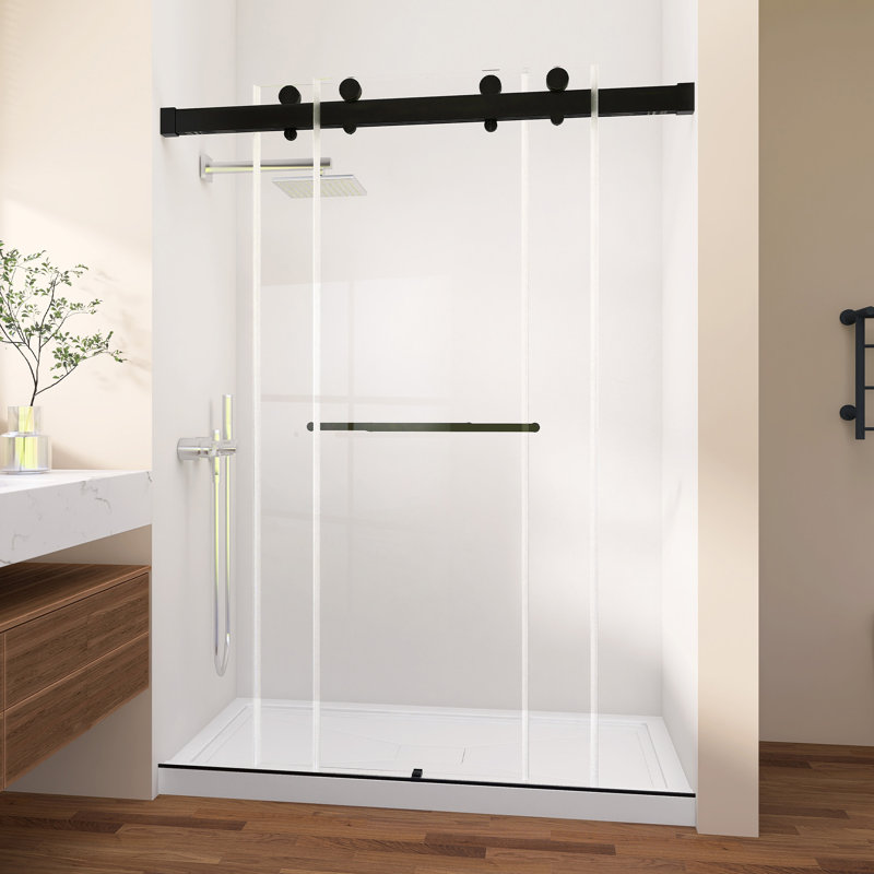 Porte de douche coulissante double sans cadre de 62 à 66 po x H 79 po avec verre de douche trempé à fermeture douce de 3/8 po (10 mm) avec deux porte-serviettes