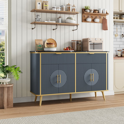 Armoire de rangement 47,2 po, station de café moderne cannelée avec 2 tiroirs et tablettes réglables, buffet de cuisine pour la salle à manger, le salon, le couloir, bleu marine