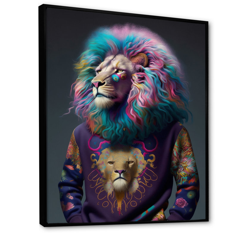 " Cool Lion With Flamboyant Sweater ", 32" H x 16" W x 1" D, Black Floater Framed