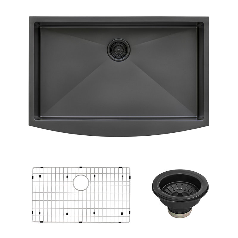 Terraza 33" L x 22" W Farmhouse Kitchen Sink with Sink Grid, Gunmetal Black