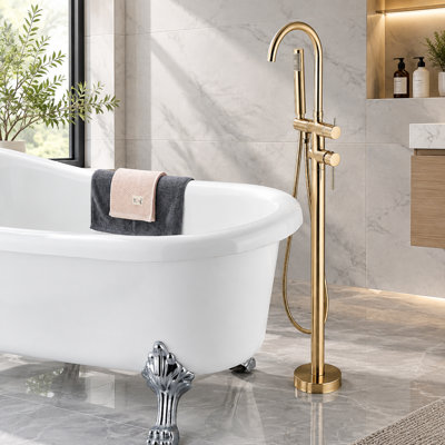 Brushed Gold Freestanding Bathtub Faucet, Brass Floor Mount Tub Filler with Handheld Shower, Dual Shower Modes, 360° Swivel Spout