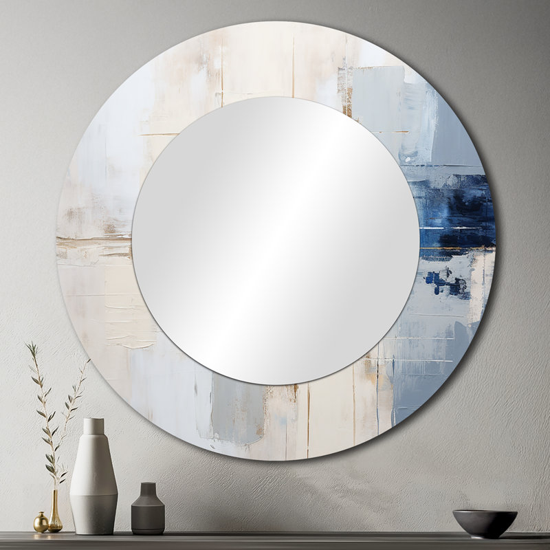 Serach White And Blue Paint Fusion - Abstract Painting Mirror, Beige Round Decorative Wall Mirror, Printed Metal Art