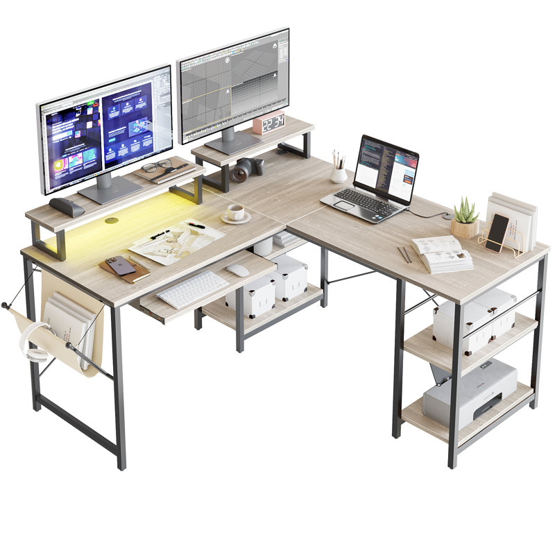 Orndorff L Shaped Gaming Desk or 2 Person Long Table with Shelves Monitor Stand and Keyboard Tray, White Wash