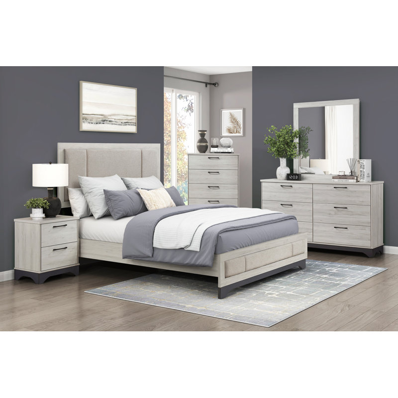 Lit plateforme contemporain à deux tons avec tête et pied de lit tapissier pour chambre à coucher moderne, Grand