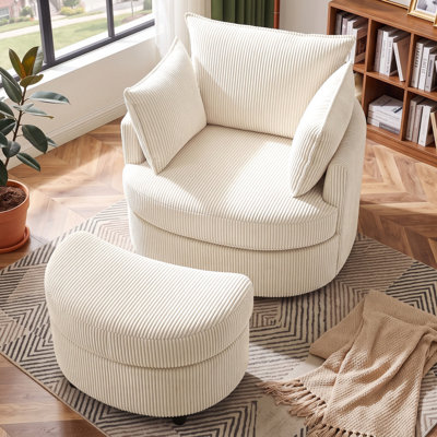 Swivel Accent Chair Round Barrel Armchair Upholstered Living Room Chair Corduroy Reading Chair Single Sofa Chair For Bedroom Apartment Office