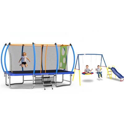 10X16FT Outdoor Square Rectangular Trampoline for Kids Adults Tumbling Trampoline & 3 in 1 Heavy-Duty Metal Backyard Playset with Swing Set and Kids S