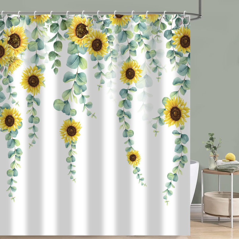 1PC Sage Green-Sunflower Leaf Plant Waterproof Bathtub Curtains with Hooks, 182.88cm H x 182.88cm W