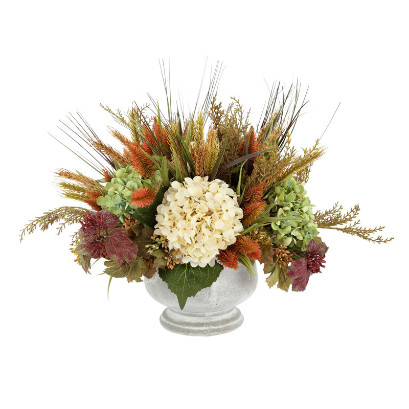Hydrangea, Pampas and Wheat Fall Arrangement in Stone Pot