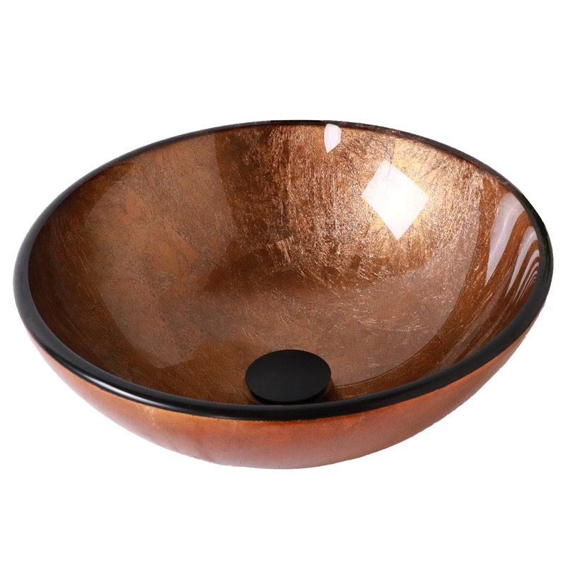 Mocoloo 15"L x 15"W Tempered Glass Bathroom Vessel Sink Brown Round Glass Artistic Bathroom Sink with Pop-up Drain, Brown