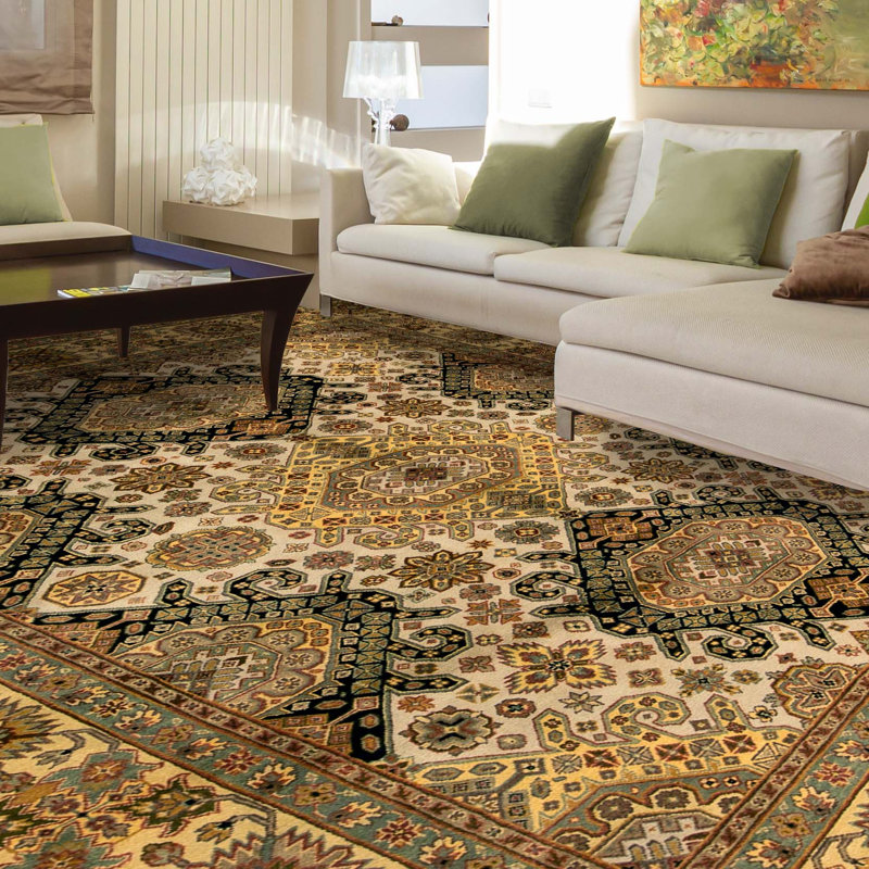 Dharma Oriental Area Rug in Ivory/Black/Khaki/Yellow/Teal
