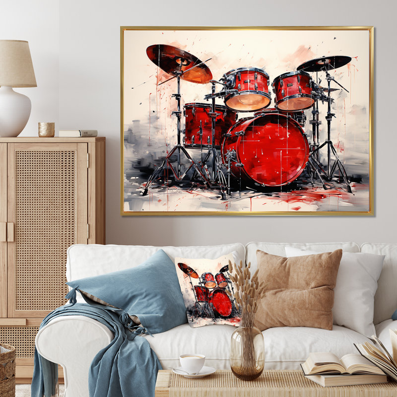 Music Drums Pulse Deep Red I - Impressions sur toile, Cadre flottant doré, H 16 po x l 32 po x P 1 po