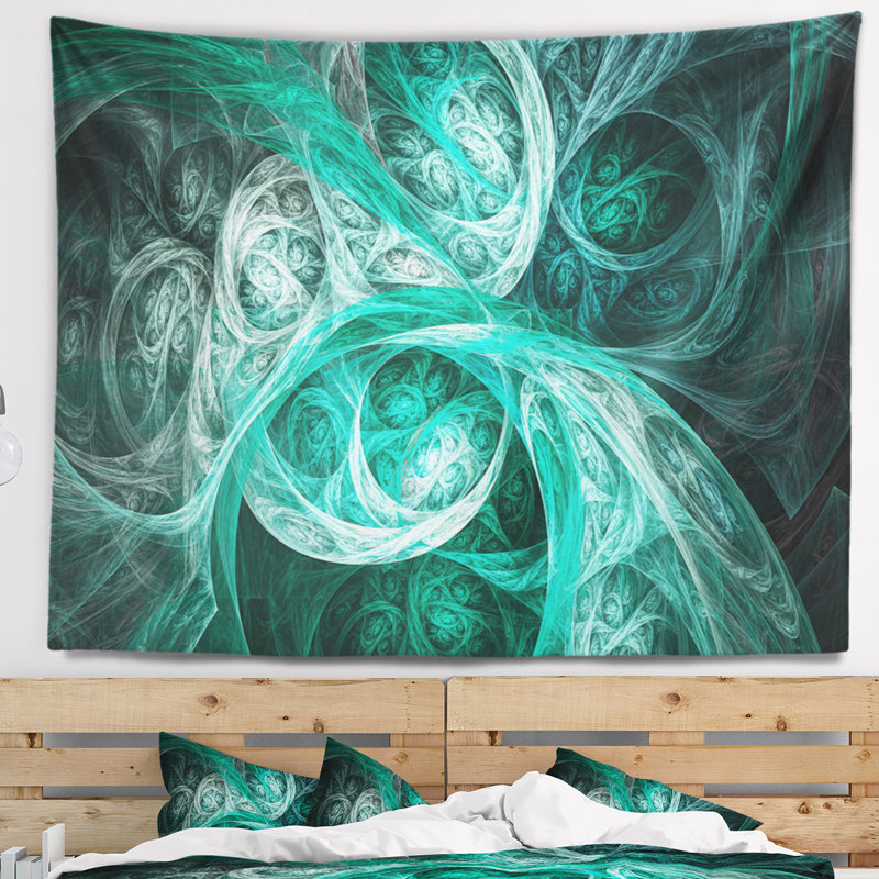 Tapisserie abstraite mystique turquoise fractale, H 50 po x l 60 po