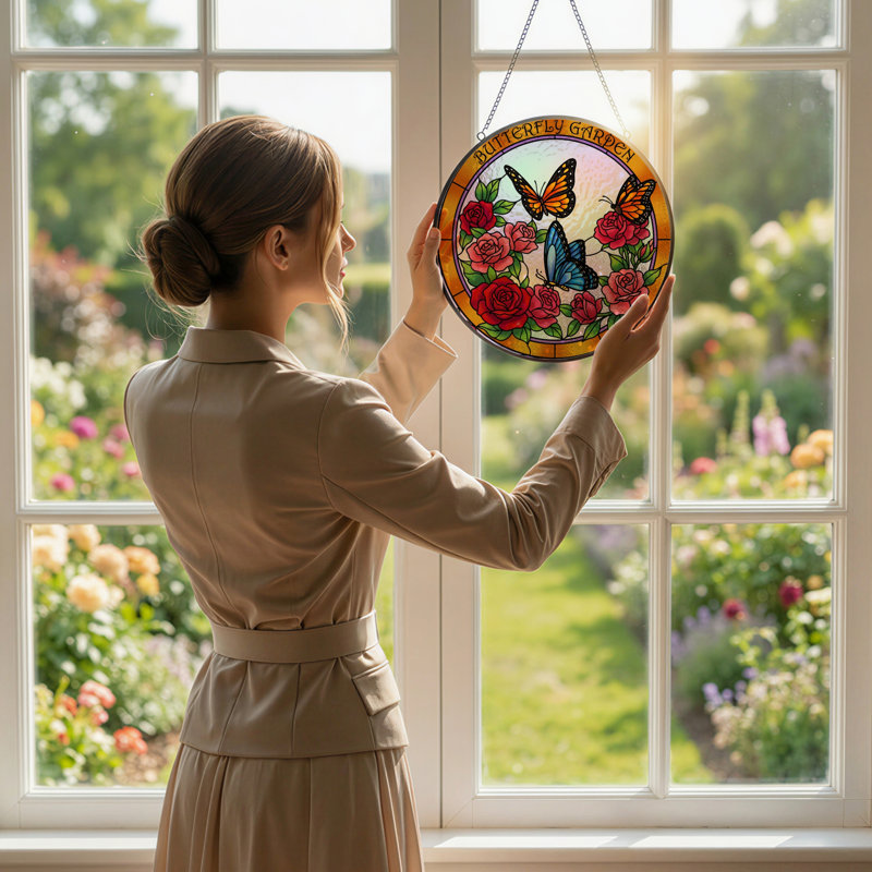 7.8"H Butterfly Garden Stained Glass Window Panel, 7.8" H x 7.8" W