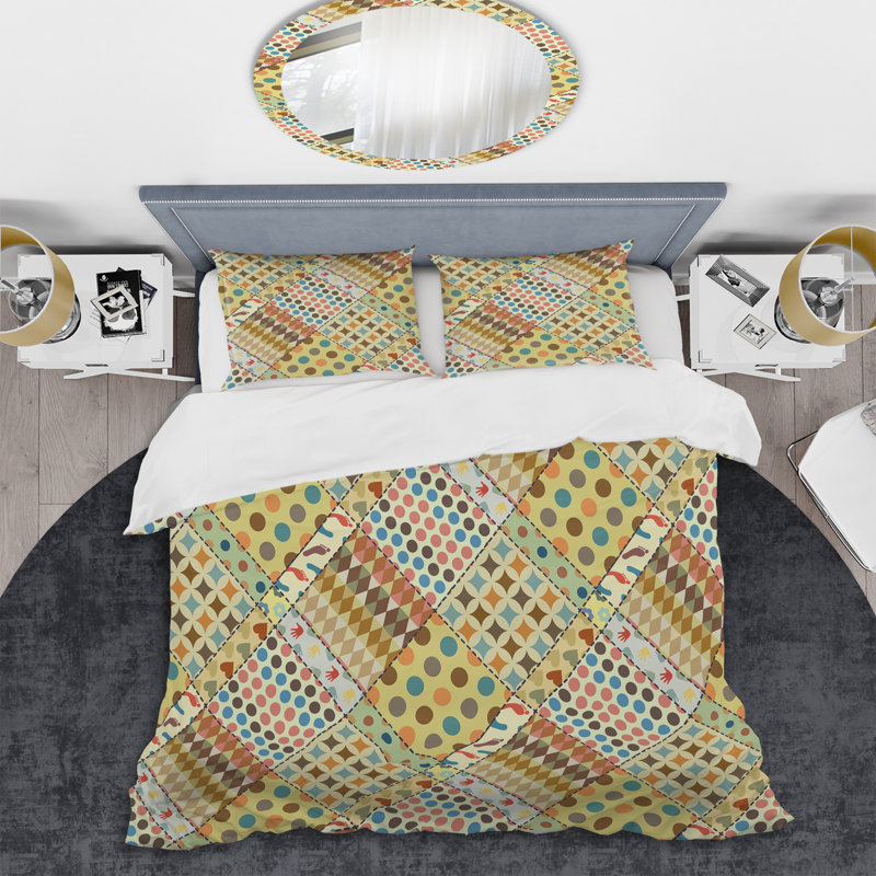 Green Patchwork Patterns Polyester Patchwork Duvet Cover, King Duvet Cover + 2 King Shams