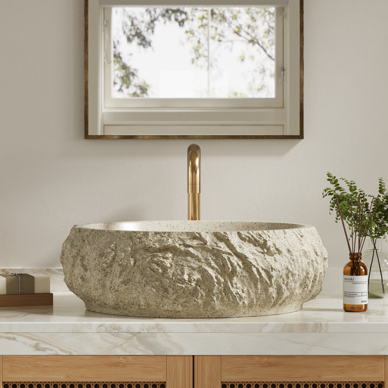 20'' Irregular Oval Bathroom Sink with Stone Texture, Resin Vessel Sink, Beige