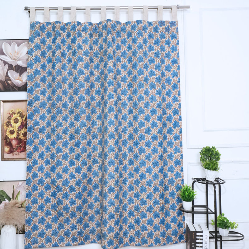 Rideaux bleus à motif floral en lin mélangés à la main, rideaux bohémiens, L 100 po x L 144 po