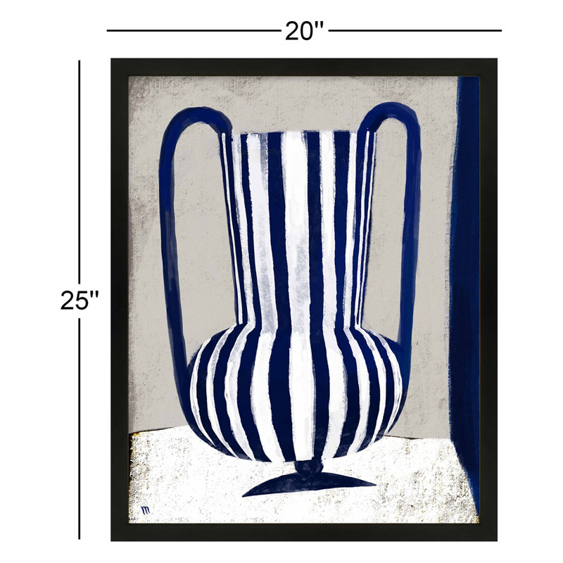 Blue Striped Vase Painting by Marco Marella For Studio M, 20" W x 25" H, Black Framed Paper