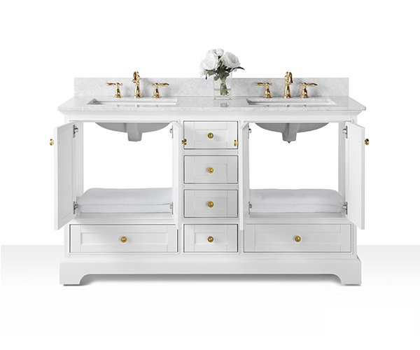 Audrey 60'' W Double Vanity, White, Carrara White, Gold