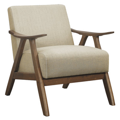 Brown Upholstered Armchair: Walnut Finish Wood Frame, Foam Padding Inside Modern Style Accent Chair: Fabric, Wood,