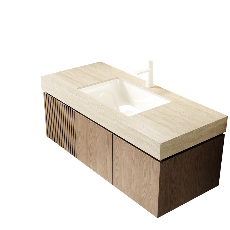 Meuble-lavabo flottant 48 po avec lavabo en céramique, plateau en pierre frittée, 2 portes, 1 tiroir