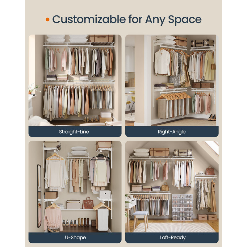 Closet System, Closet Insert Organizer, 4-8 Ft, Adjustable Metal Shelving Unit With 6 Hanging Rods, 6 Shelves, And Hooks, For Pantry Mudroom Garage Basement