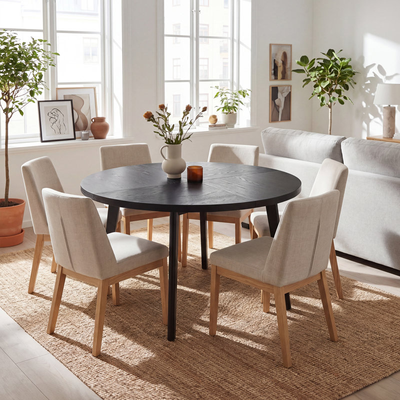Table de cuisine ronde de 47,2 po de largeur avec structure et pieds en bois massif pour 4 à 6 personnes, Noir