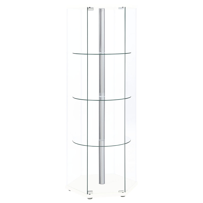 Hexagonal Clear Glass Four - Shelf White Cabinet For A Modern And Elegant Decorative Presentation Tier Curio To Improve Your Display Setup