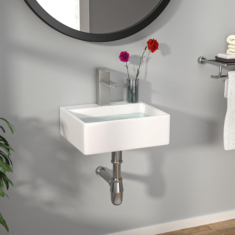 13'' x 11'' Wall Mount Bathroom Sink, Rectangular Ceramic Wall Hung Vanity Sink, Single Hole Faucet Compatible without Overflow, White