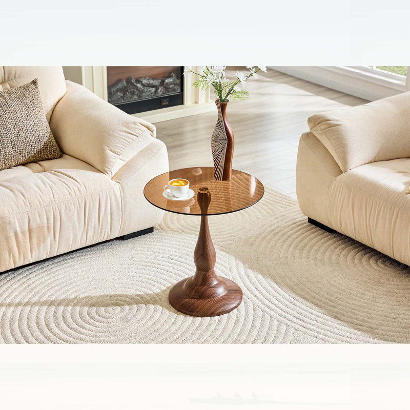 Petite table d'appoint en métal avec plateau rond en verre trempé, Brown,Walnut