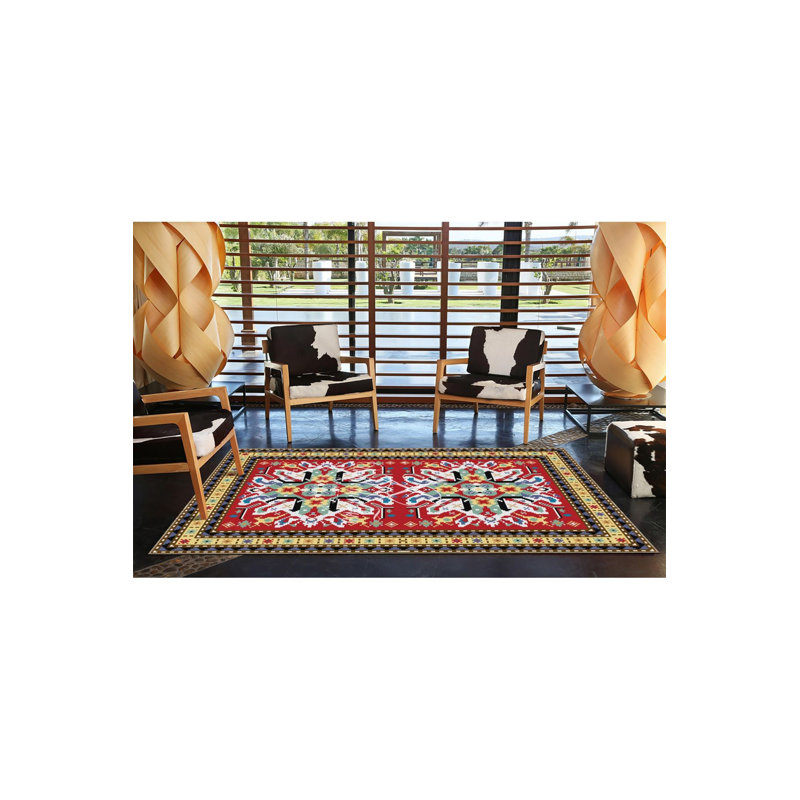 Tapis décoratif rouge tissé à motif géométrique traditionnel lavable à la machine, Sous-tapis carré 3 pi 3 po inclus