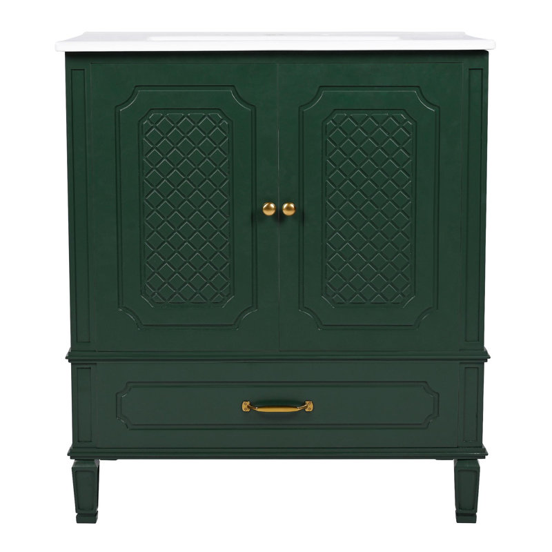 Meuble-lavabo simple 30 po avec lavabo sur pied, Vert, Doré
