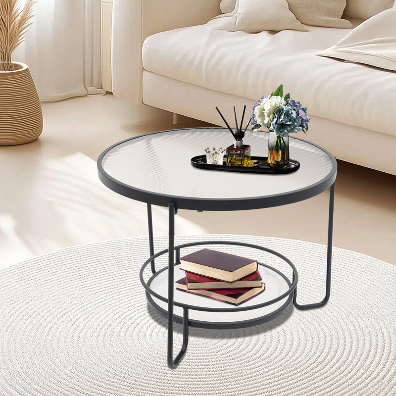 Table de bout ronde moderne à 2 niveaux, structure en métal et table d'appoint en verre trempé transparent, l 23,6 po x P 23,6 po x H 17,7 po